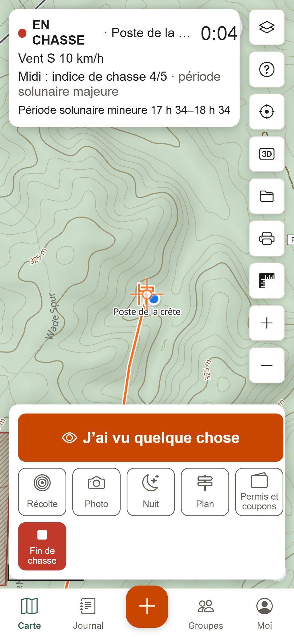 Le mode Chasse sur un téléphone : la durée de la chasse, le vent, la cote de chasse et les périodes solunaires en haut, et de gros boutons pour noter une observation, une récolte, une photo, passer en mode nuit ou ouvrir les permis et coupons.