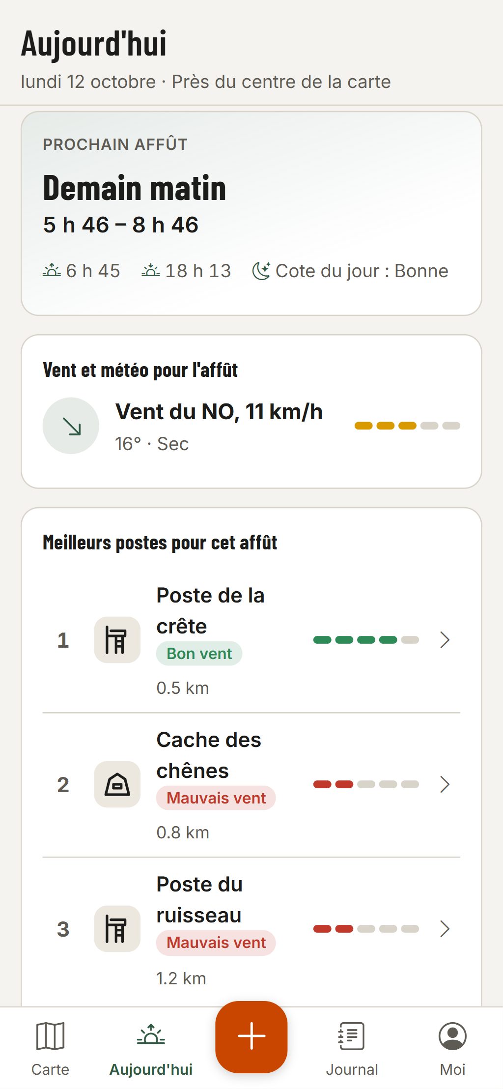 L’écran Aujourd’hui sur un téléphone : l’affût de demain matin, un vent du nord-ouest avec sa cote de chasse, et trois postes classés pour ce vent.