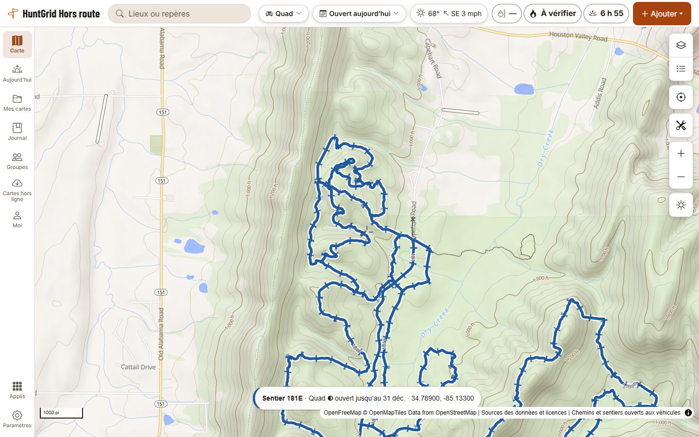 HuntGrid Hors route sur un ordinateur : des sentiers du Forest Service dans la forêt nationale de Chattahoochee, en Géorgie, marqués ouverts à un VTT de 48 pouces jusqu’au 31 décembre.