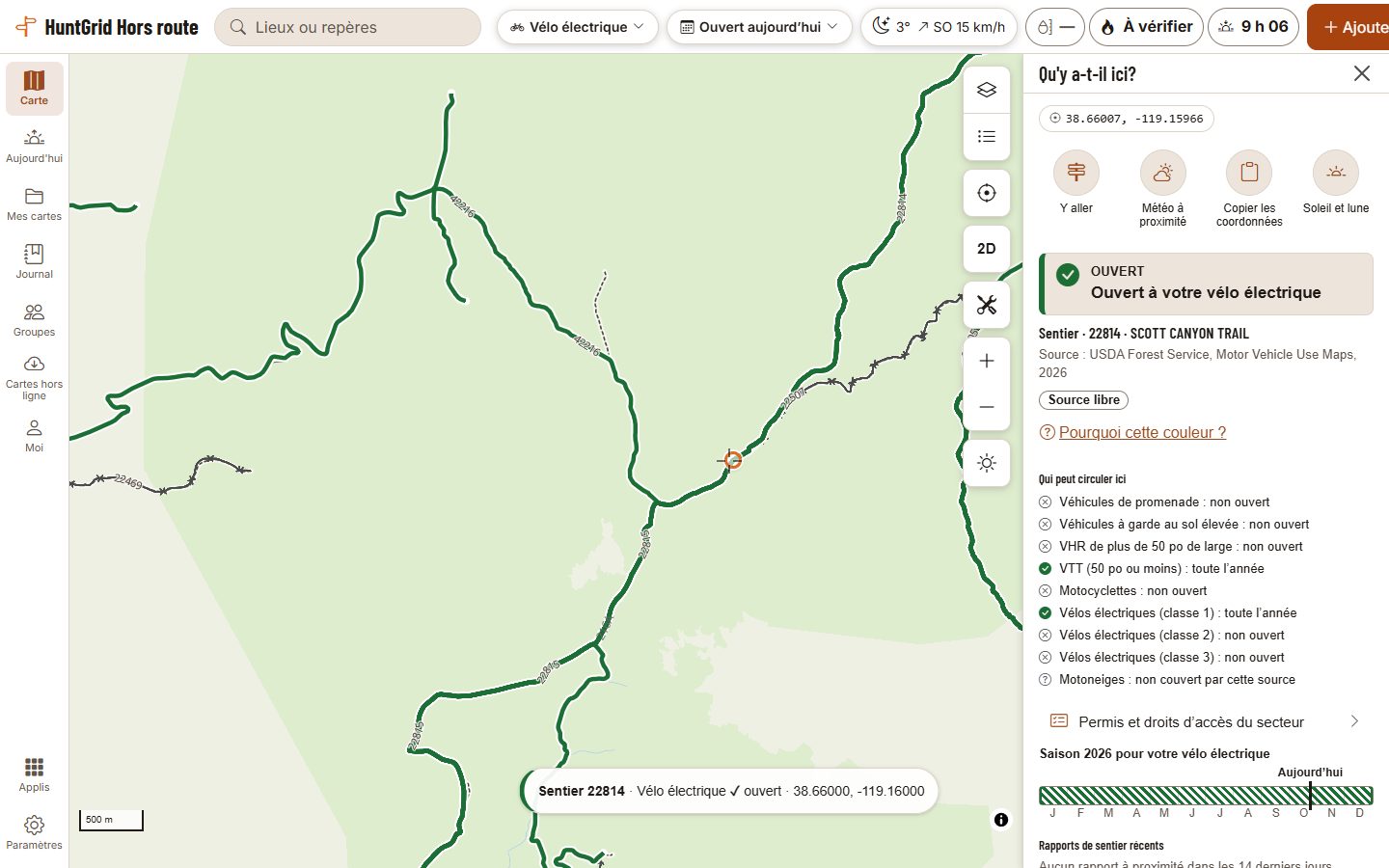 HuntGrid Hors route sur un ordinateur : les mêmes itinéraires du Forest Service dans la forêt nationale Humboldt-Toiyabe, en Californie, montrés pour un vélo électrique de classe 1. Le sentier Scott Canyon est touché et sa fiche indique « Ouvert à votre vélo électrique », liste les vélos électriques de classe 1 ouverts toute l’année et ceux des classes 2 et 3 non ouverts, et donne sa source, les cartes d’utilisation des véhicules à moteur. Les itinéraires qui ne nomment aucune classe de vélo électrique sont marqués fermés pour lui.