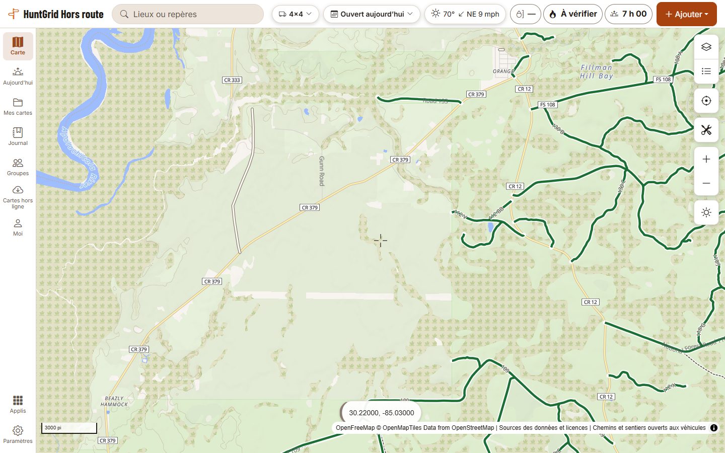HuntGrid Hors route sur un ordinateur : les chemins du Forest Service dans la forêt nationale d’Apalachicola, en Floride, en vert là où ils sont ouverts à un 4x4 immatriculé.