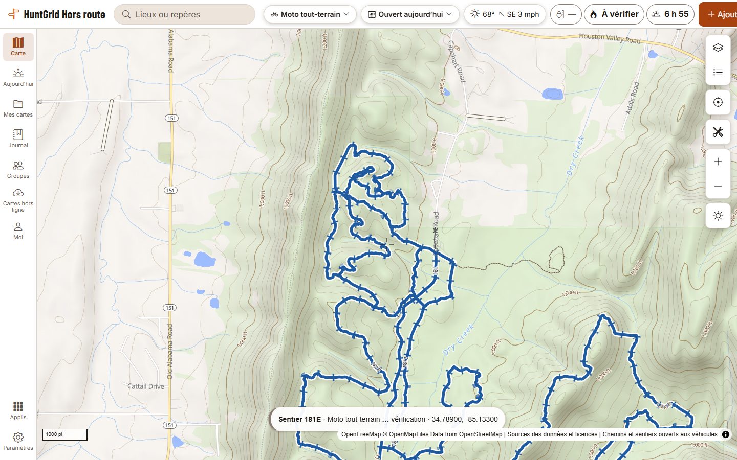 HuntGrid Hors route sur un ordinateur : les mêmes sentiers du Forest Service dans la forêt nationale de Chattahoochee, en Géorgie, marqués ouverts à une moto hors route à la fin d’octobre.