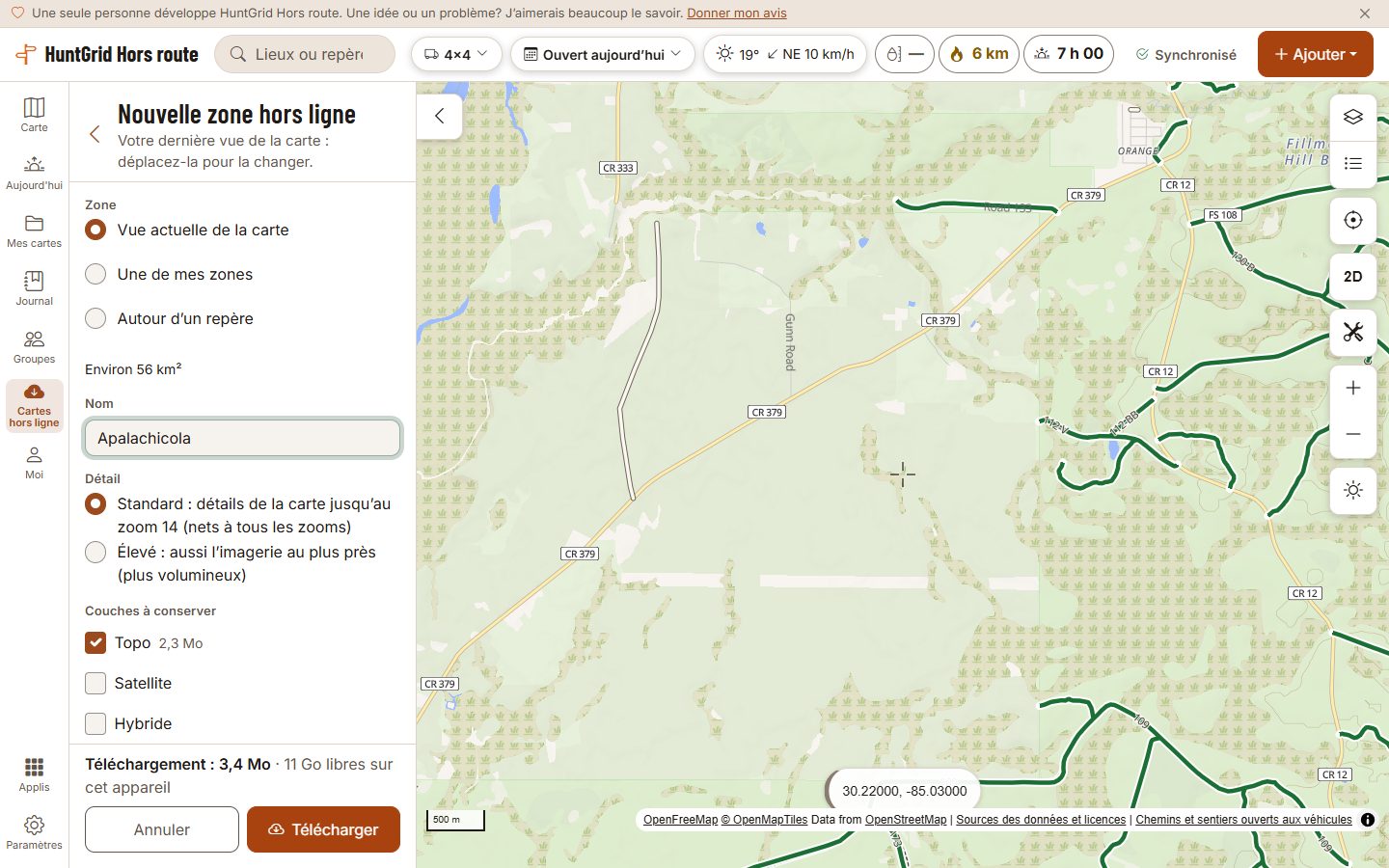 HuntGrid Hors route sur un ordinateur : une nouvelle zone hors ligne pour la vue de la forêt nationale d’Apalachicola, en Floride, avec sa superficie, son nom et la taille du téléchargement, à côté des chemins ouverts à un 4x4.