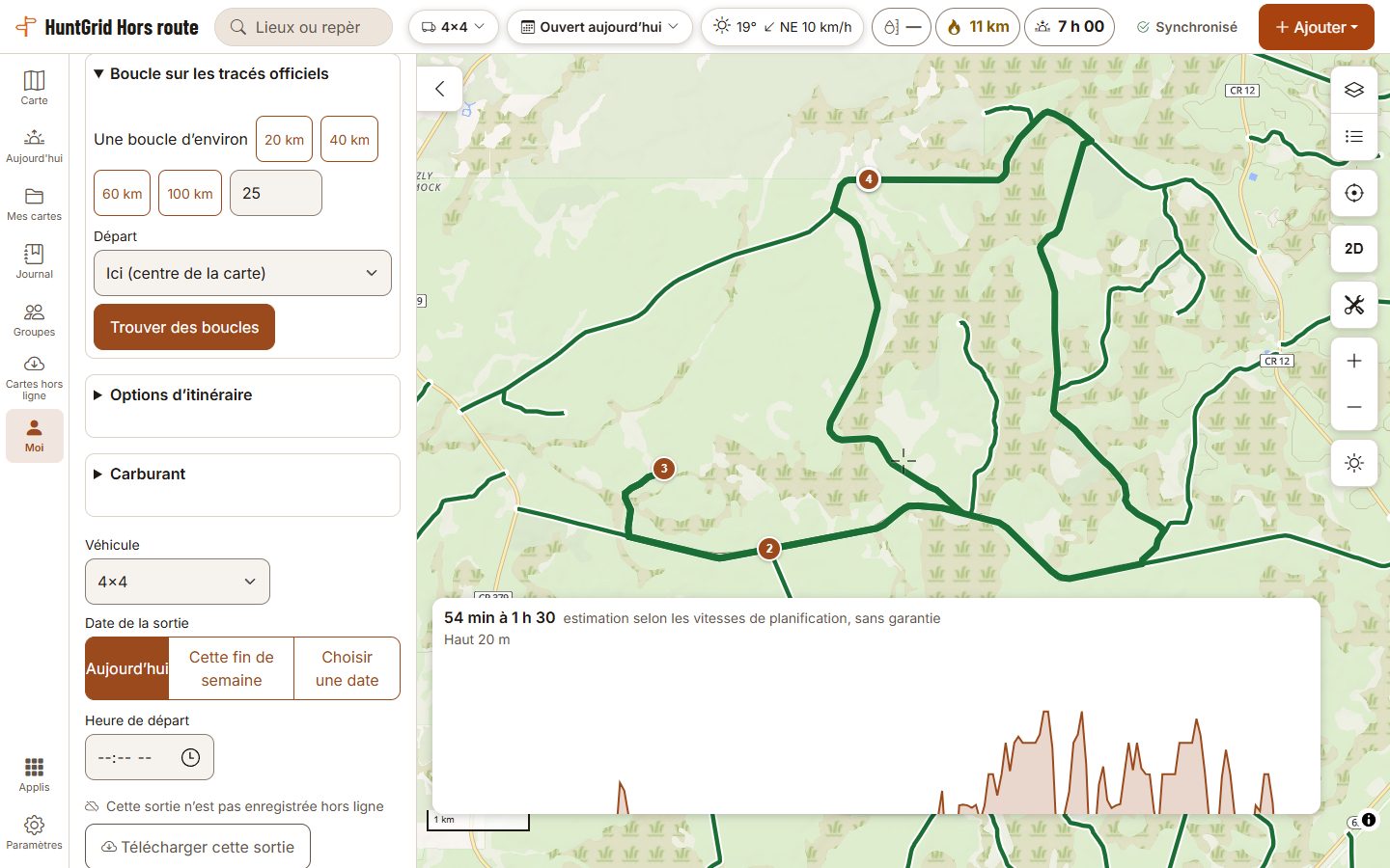 Le planificateur de HuntGrid Hors route sur un ordinateur : une boucle d’environ 25 km pour un 4x4 trouvée sur les chemins officiels du Service des forêts dans la forêt nationale Apalachicola, en Floride, avec ses arrêts numérotés sur la carte, une estimation de 50 min à 1 h 23 et le profil d’altitude.