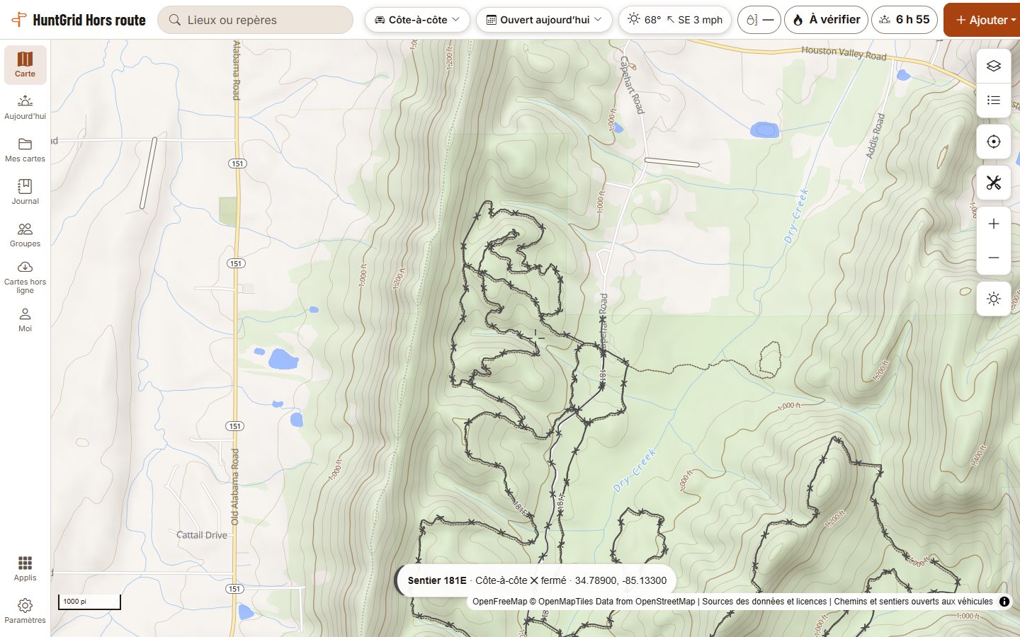 HuntGrid Hors route sur un ordinateur : les mêmes sentiers du Forest Service dans la forêt nationale de Chattahoochee, en Géorgie, marqués fermés pour un côte à côte de 64 pouces, car ils sont réservés aux véhicules de 50 pouces ou moins.