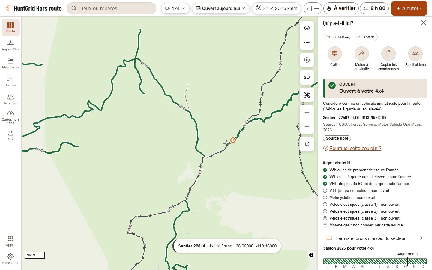 HuntGrid Hors route sur un ordinateur : des chemins et sentiers du Forest Service dans la forêt nationale Humboldt-Toiyabe, en Californie, montrés pour un 4x4 immatriculé. Taylor Connector est touché et sa fiche indique « Ouvert à votre 4x4 », considéré comme véhicule à garde au sol élevée, avec sa source, qui peut y circuler et la saison 2026. Les sentiers voisins réservés aux véhicules de 50 pouces ou moins sont marqués fermés au 4x4.