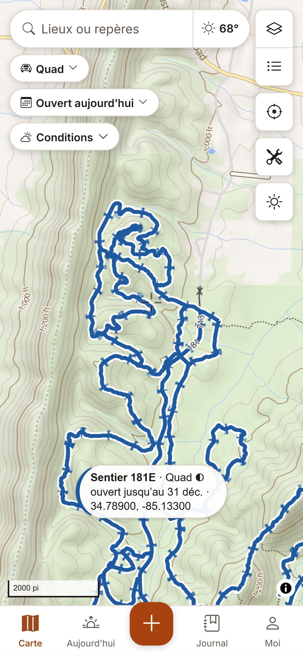 HuntGrid Hors route sur un téléphone : les mêmes sentiers, ouverts au VTT de 48 pouces du randonneur.