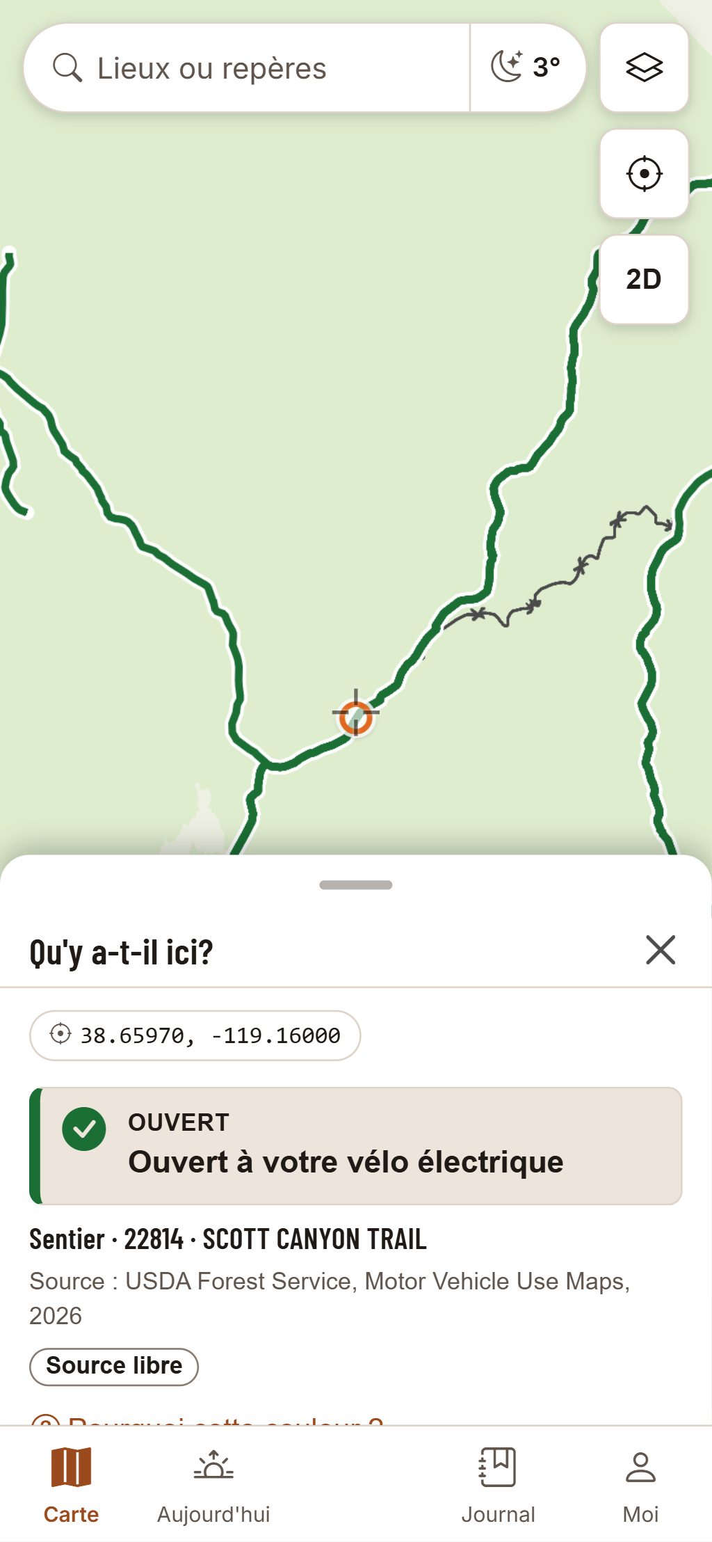 HuntGrid Hors route sur un téléphone : le sentier Scott Canyon touché, et la fiche en bas qui indique « Ouvert à votre vélo électrique » avec sa source.