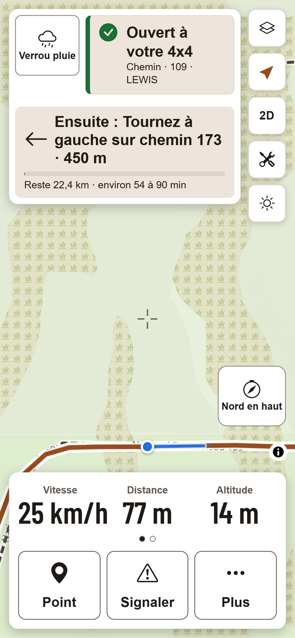 Le mode Randonnée sur un téléphone qui suit cette boucle à 25 km/h : ouvert à votre 4x4 sur le chemin 109, ensuite tournez à gauche sur le chemin 173 dans 450 m, reste 22,4 km, environ 54 à 90 minutes.