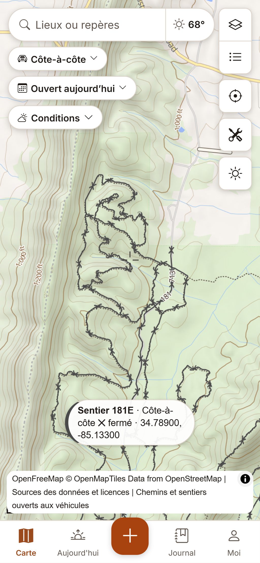 HuntGrid Hors route sur un téléphone : les sentiers ouverts à un VTT de 48 pouces sont fermés au côte à côte de 64 pouces du randonneur.