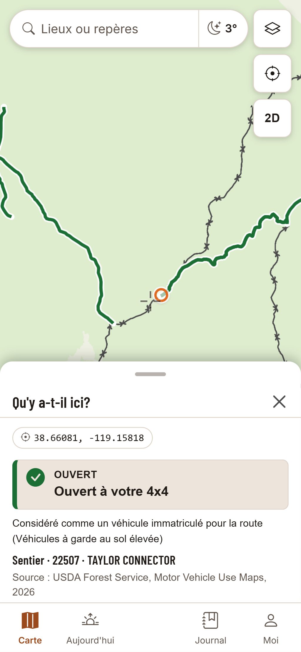 HuntGrid Hors route sur un téléphone : le même endroit, Taylor Connector touché, et la fiche en bas qui indique « Ouvert à votre 4x4 » avec sa source, la carte d’utilisation des véhicules à moteur.