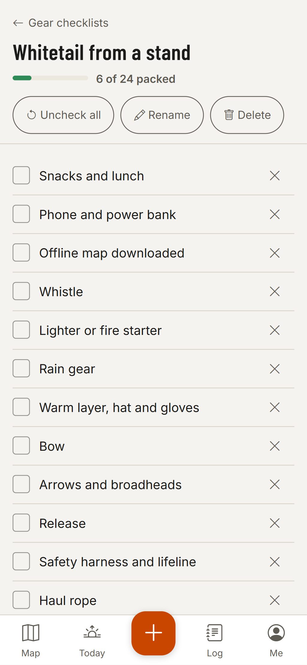 A gear checklist on a phone: Whitetail from a stand, 6 of 24 packed, with Uncheck all, Rename and Delete, and the items still to pack, from snacks and a power bank to the safety harness and haul rope.