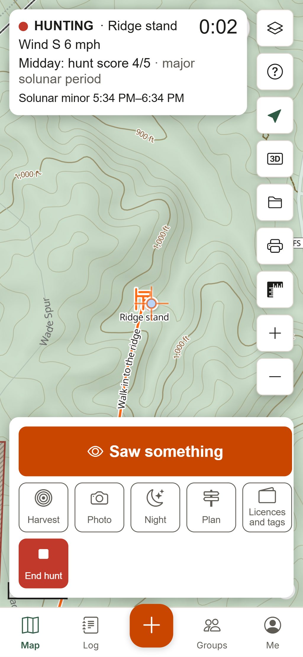 Hunt Mode on a phone: the hunt clock, wind, hunt score and solunar times at the top, and big buttons for Saw something, Harvest, Photo, Night and Licences and tags.