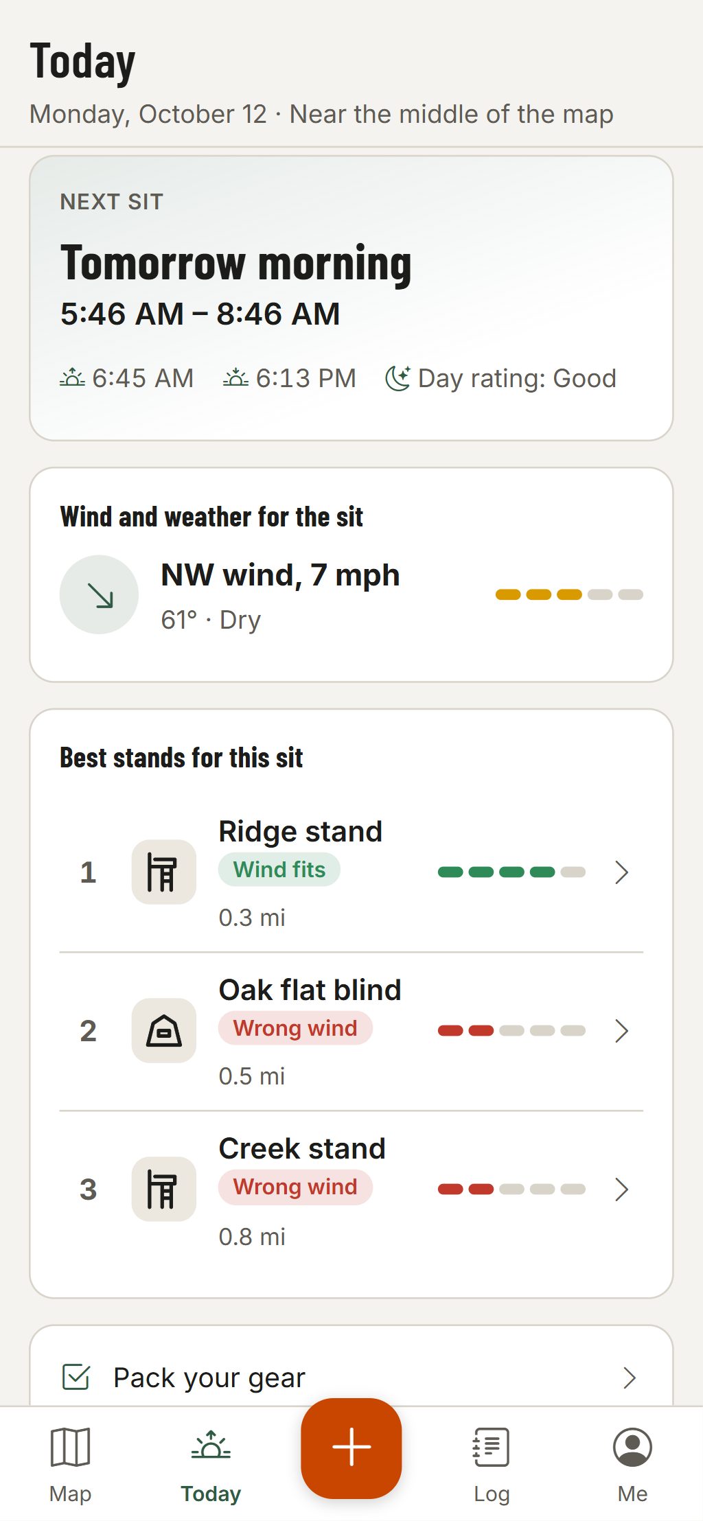 The Today screen on a phone: tomorrow morning’s sit with its hours, sunrise, sunset and the day’s solunar rating, a north-west wind with its hunt score, and three stands ranked for that wind: the ridge stand has a good wind, the oak flat blind and the creek stand the wrong one.