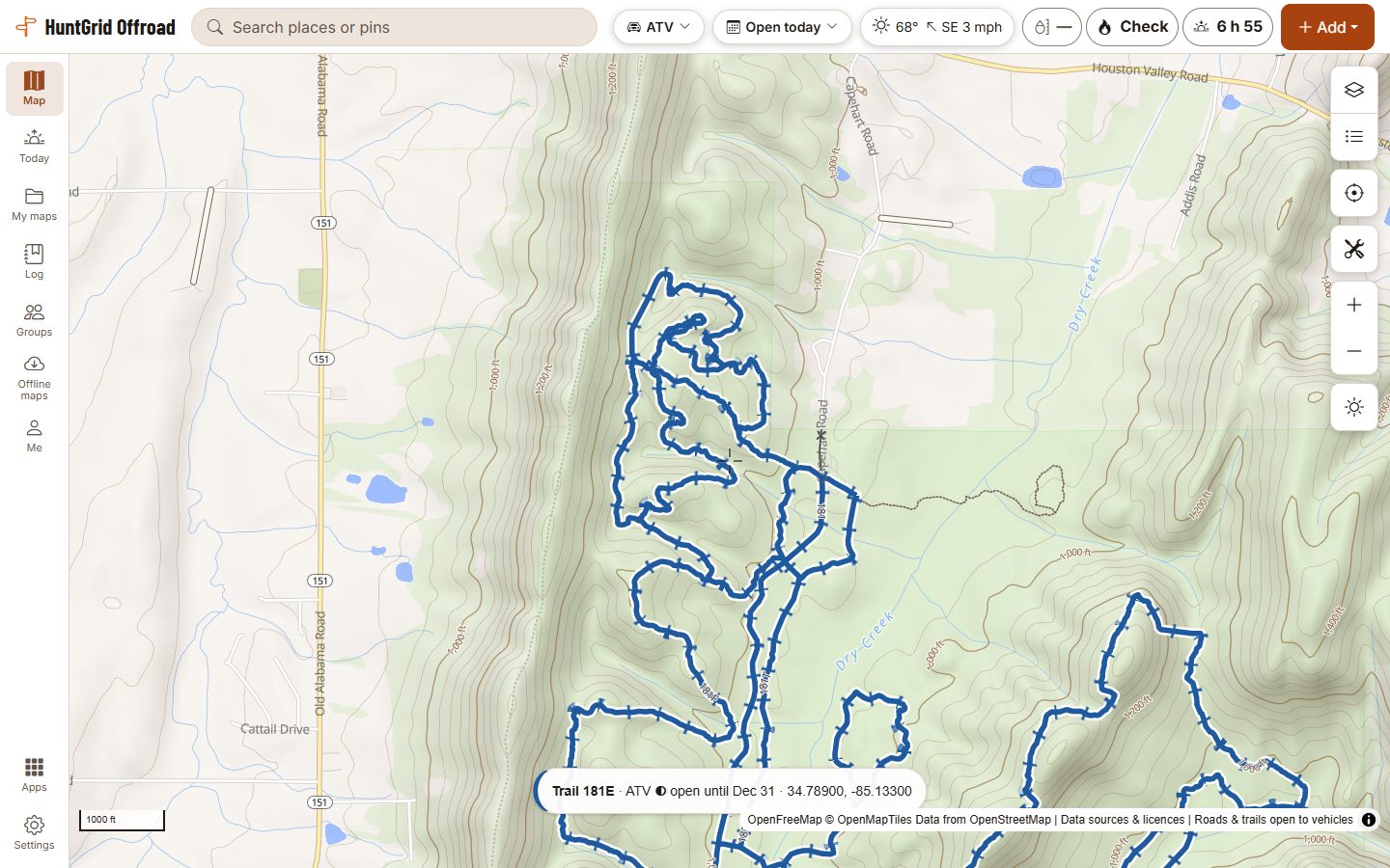 HuntGrid Offroad on a computer: Forest Service trails in Chattahoochee National Forest, Georgia, marked open to a 48-inch ATV until December 31.