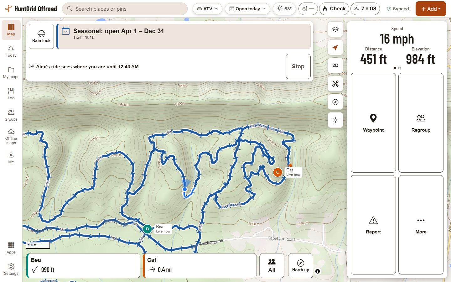 HuntGrid Offroad in Ride Mode on a touch screen: two riders of a convoy on the trail map, each marked with their name and “Live now”, and a strip along the bottom giving each one’s distance and direction.