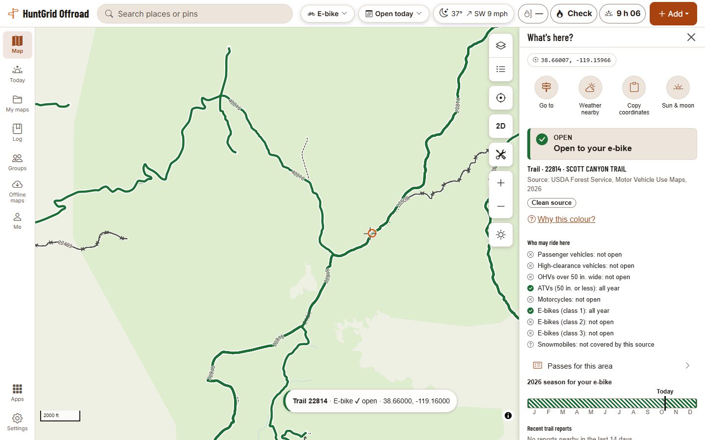 HuntGrid Offroad on a computer: the same Forest Service routes in Humboldt-Toiyabe National Forest, California, shown for a class 1 e-bike. Scott Canyon Trail is tapped and its card reads “Open to your e-bike”, lists e-bikes (class 1) open all year and classes 2 and 3 not open, and gives its source, the Motor Vehicle Use Maps. Routes that list no e-bike class are marked closed to it.