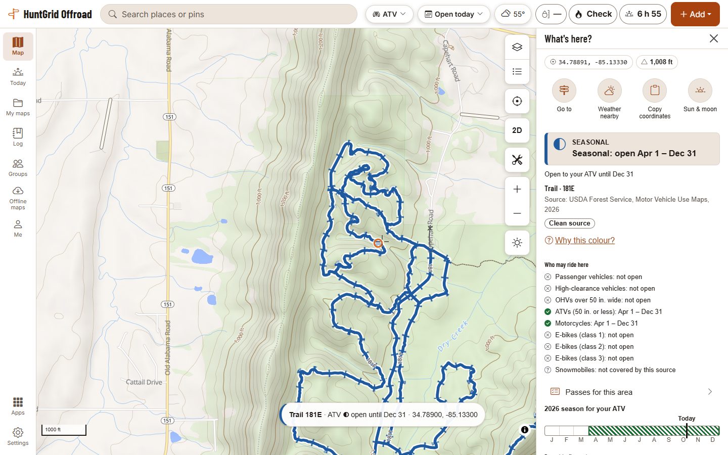 HuntGrid Offroad on a computer: Forest Service trails in Chattahoochee National Forest, Georgia, shown for a 48-inch ATV, one of them tapped. Its card reads “Seasonal: open Apr 1 – Dec 31”, lists who may ride there with their dates, and shows the 2026 season with today marked.