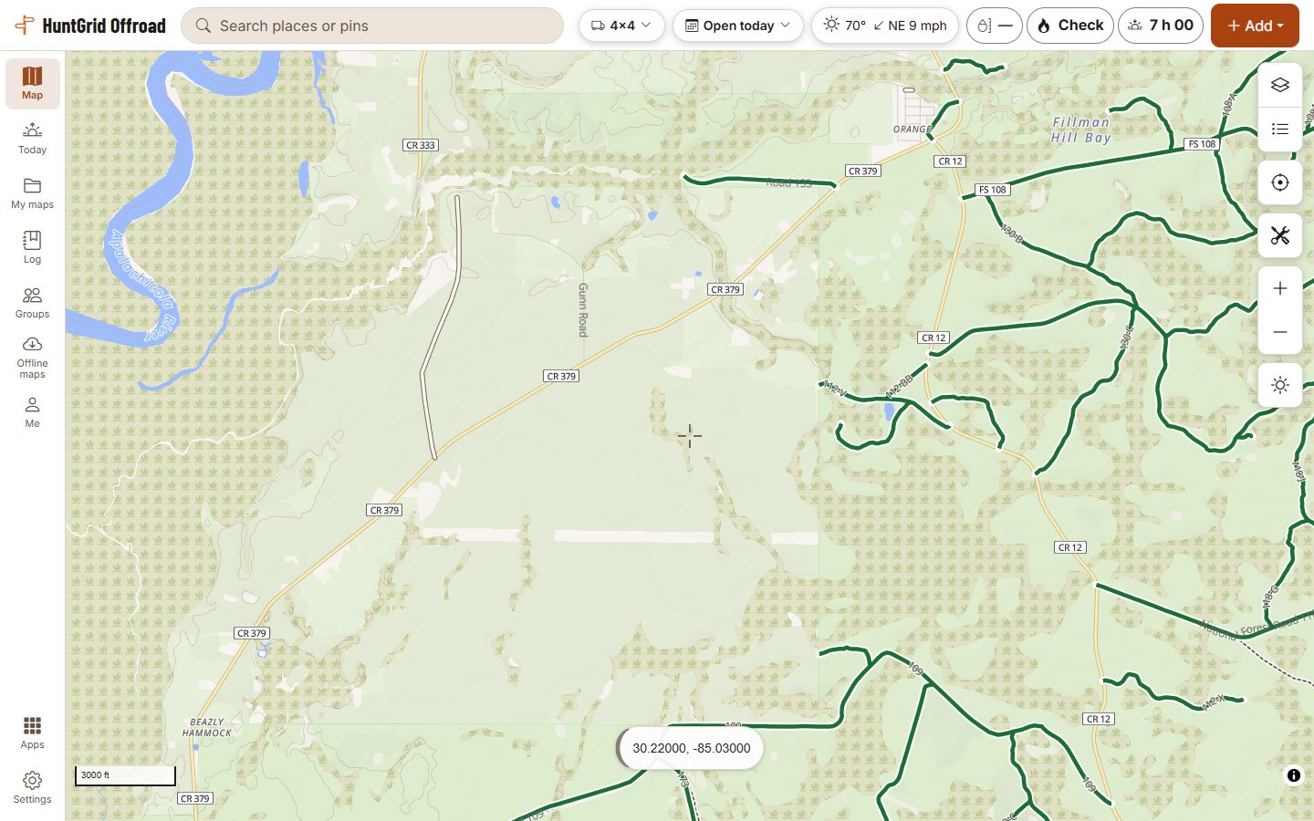 HuntGrid Offroad on a computer: Forest Service roads in Apalachicola National Forest, Florida, in green where they are open to a street-legal 4x4.