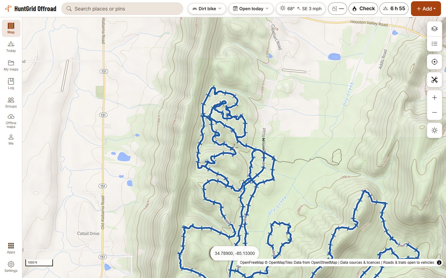 HuntGrid Offroad on a computer: the same Forest Service trails in Chattahoochee National Forest, Georgia, marked open to a dirt bike in late October.