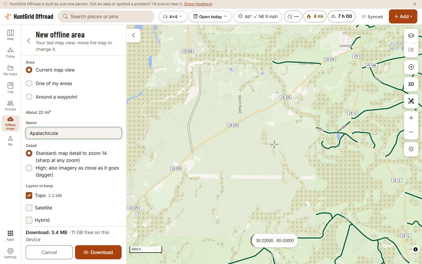 HuntGrid Offroad on a computer: a new offline area for the map view of Apalachicola National Forest, Florida, with its area, its name and the download’s size, beside the routes open to a 4x4.