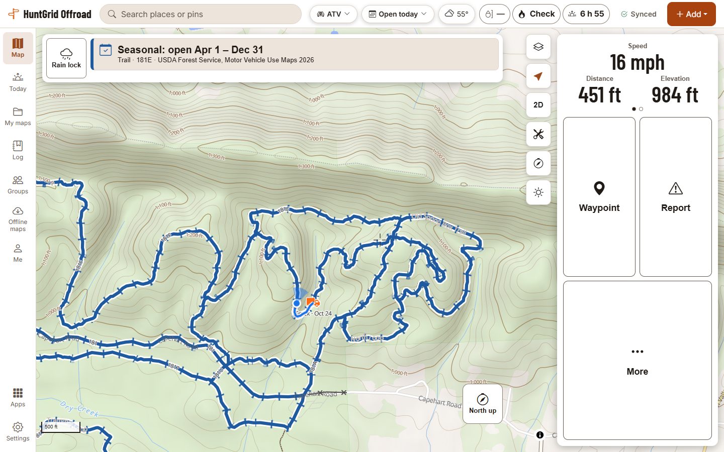 Ride Mode in its handlebar layout on a landscape touch screen, riding Trail 181E in Chattahoochee National Forest: the band reads “Seasonal: open Apr 1 – Dec 31” with the trail and its source, and a column on the right holds the dash (speed, distance, elevation) and large Waypoint, Report and More buttons.