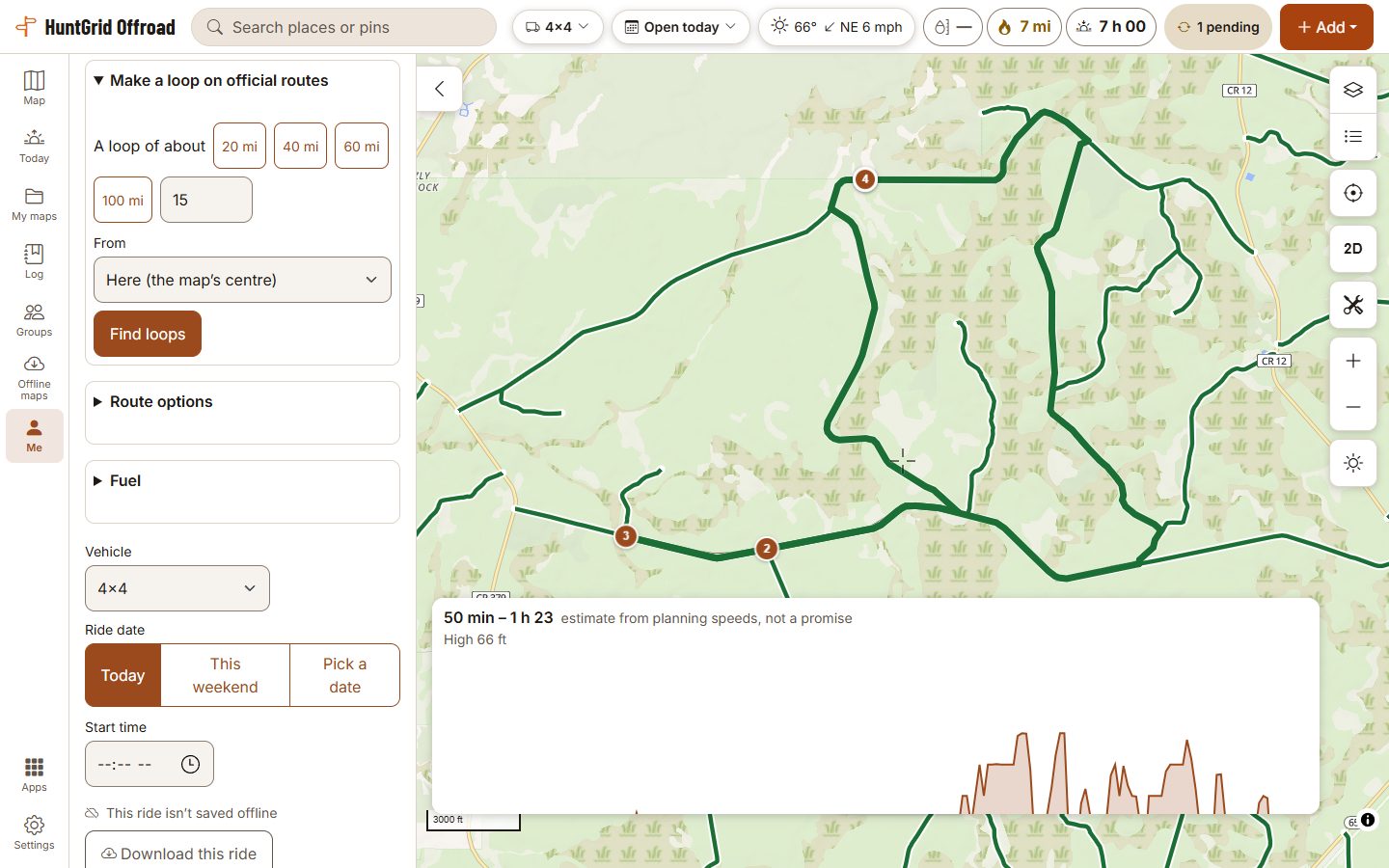 The HuntGrid Offroad planner on a computer: a loop of about 15 miles for a 4x4 found on official Forest Service roads in Apalachicola National Forest, Florida, with its stops numbered on the map, a 50 min to 1 h 23 estimate and the elevation profile.