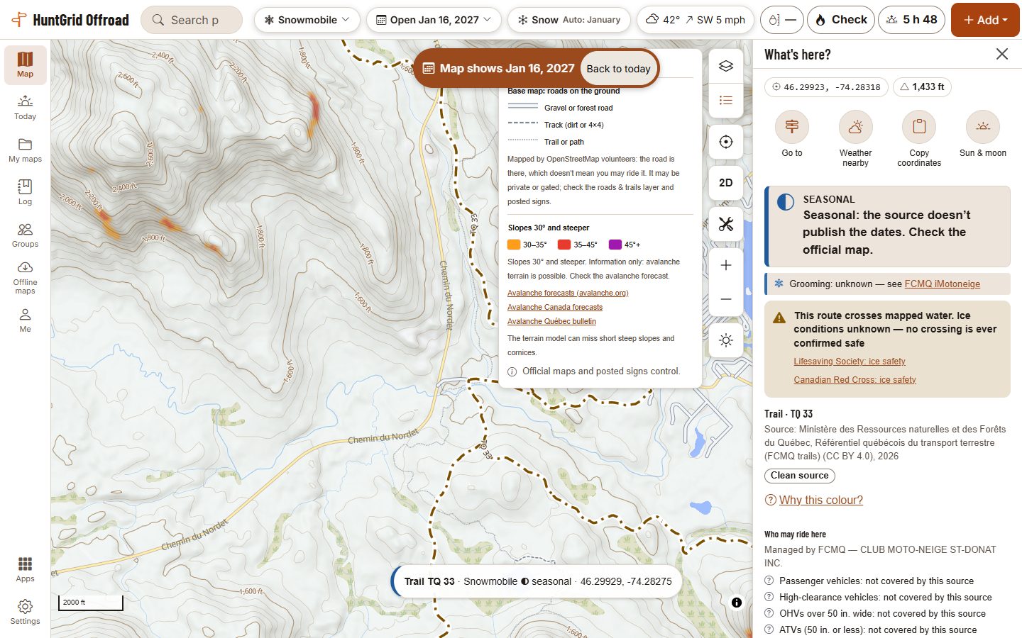 HuntGrid Offroad on a computer with the map set to January 16, 2027, near Saint-Donat in the Laurentides, Quebec: Trans-Québec snowmobile trail 33 from the Référentiel québécois du transport terrestre is open on its card, which says the trail is seasonal and the source doesn’t publish the dates, grooming is unknown with a link to FCMQ iMotoneige, and the trail crosses mapped water with ice conditions unknown. The readout at the bottom of the map names the trail under the centre as seasonal for a snowmobile. The legend explains the shaded slopes of 30° and steeper on the hills, with links to avalanche forecasts.