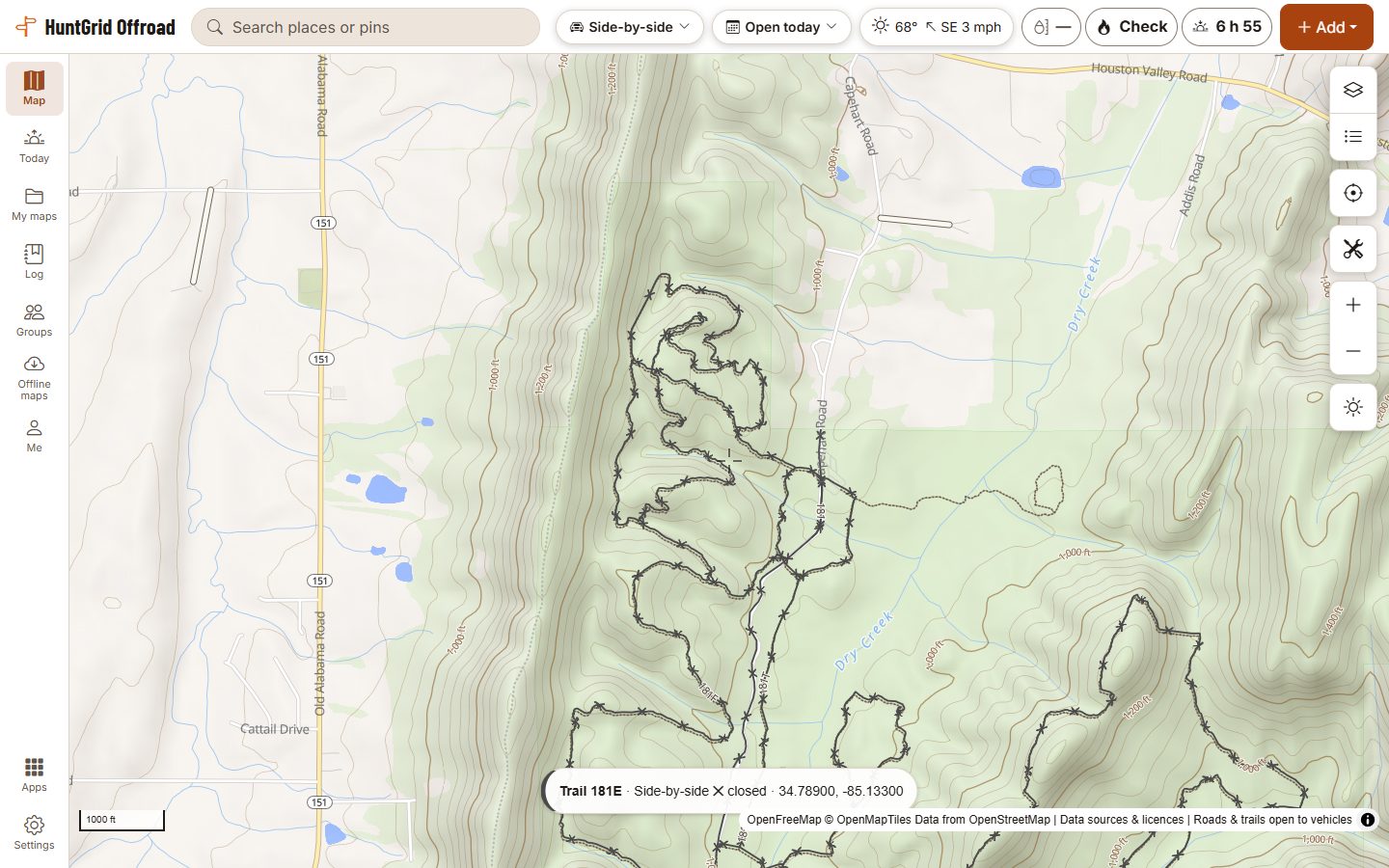 HuntGrid Offroad on a computer: the same Forest Service trails in Chattahoochee National Forest, Georgia, marked closed to a 64-inch side-by-side, because they are for vehicles 50 inches or less.