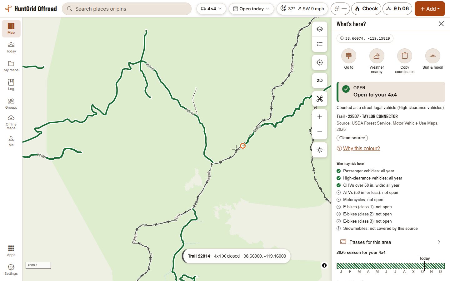 HuntGrid Offroad on a computer: Forest Service roads and trails in Humboldt-Toiyabe National Forest, California, shown for a street-legal 4x4. Taylor Connector is tapped and its card reads “Open to your 4x4”, counted as a high-clearance vehicle, with its source, who may drive there and the 2026 season. The trails for vehicles 50 inches or less beside it are marked closed to the 4x4.