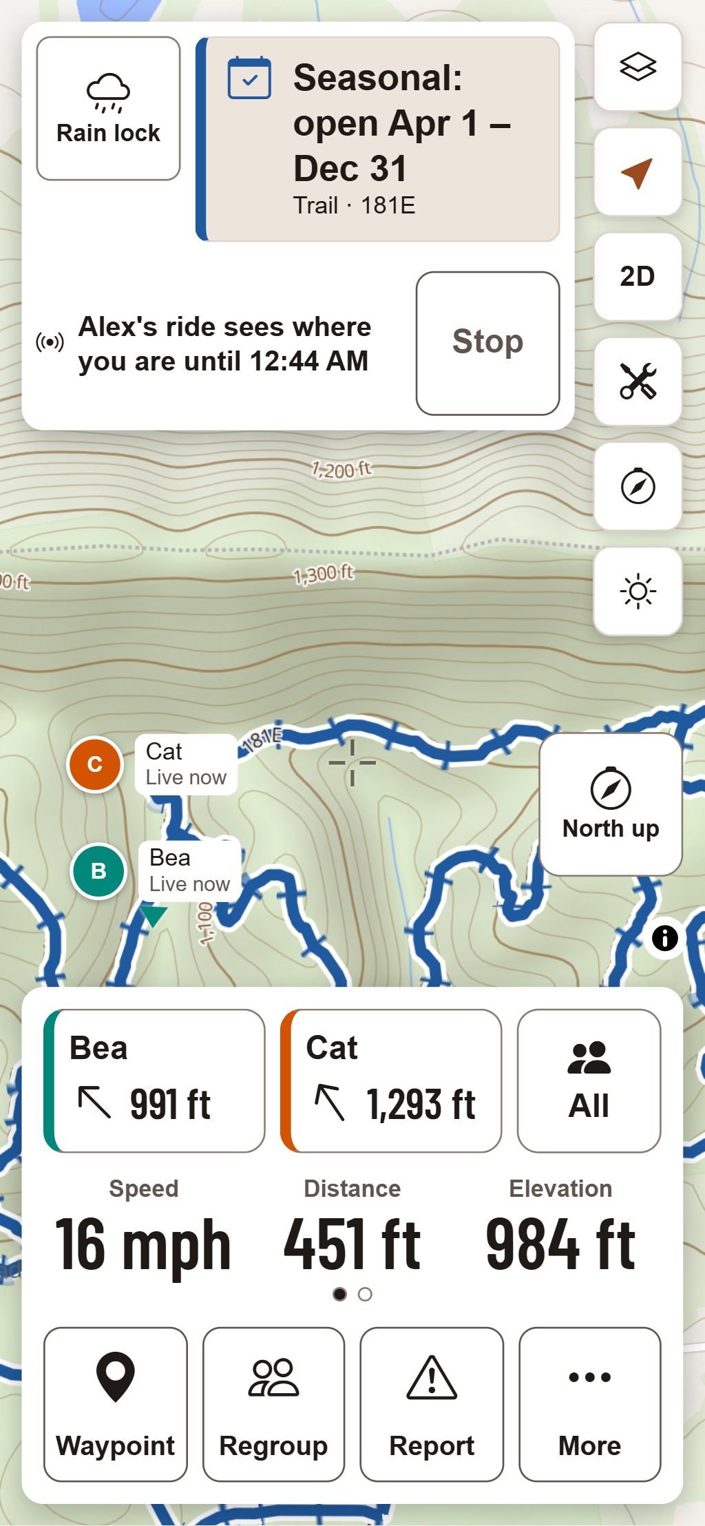 Ride Mode on a phone: two riders of a convoy on the map with their names and “Live now”, and above the speed and distance the convoy strip with each one’s distance and direction.