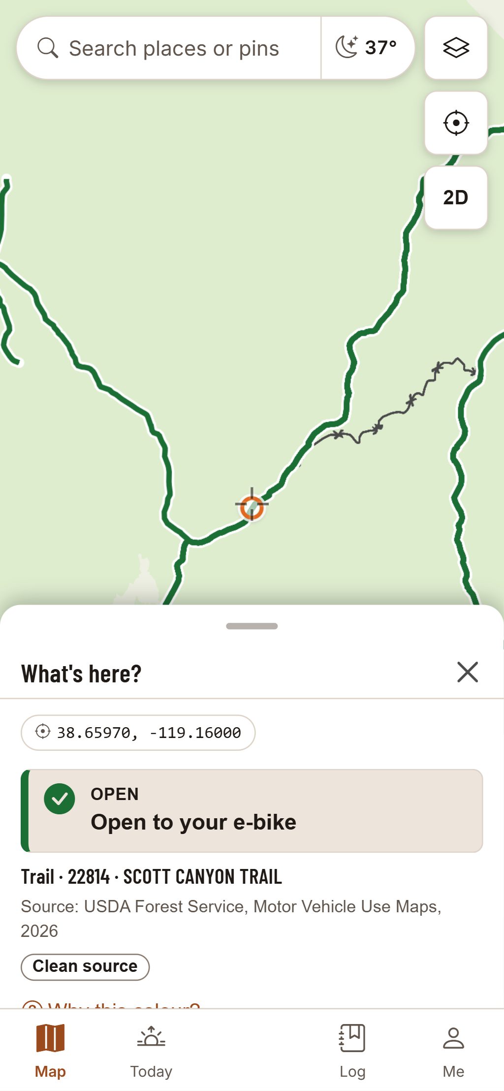 HuntGrid Offroad on a phone: Scott Canyon Trail tapped, and the card at the bottom reading “Open to your e-bike” with its source.