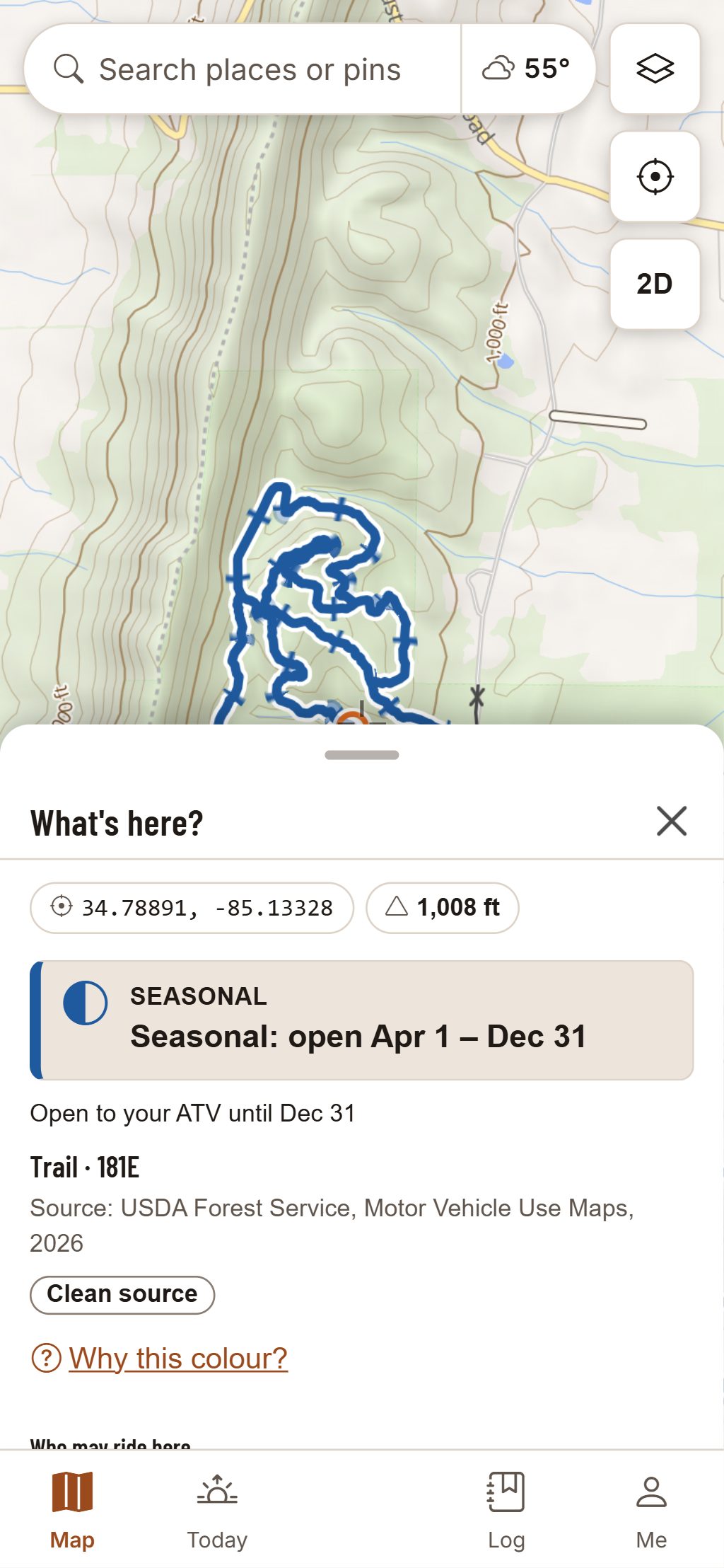 The route card on a phone, pulled up to half the screen: Trail 181E, “Seasonal: open Apr 1 – Dec 31”, open to your ATV until Dec 31, and its source, the USDA Forest Service’s Motor Vehicle Use Maps.
