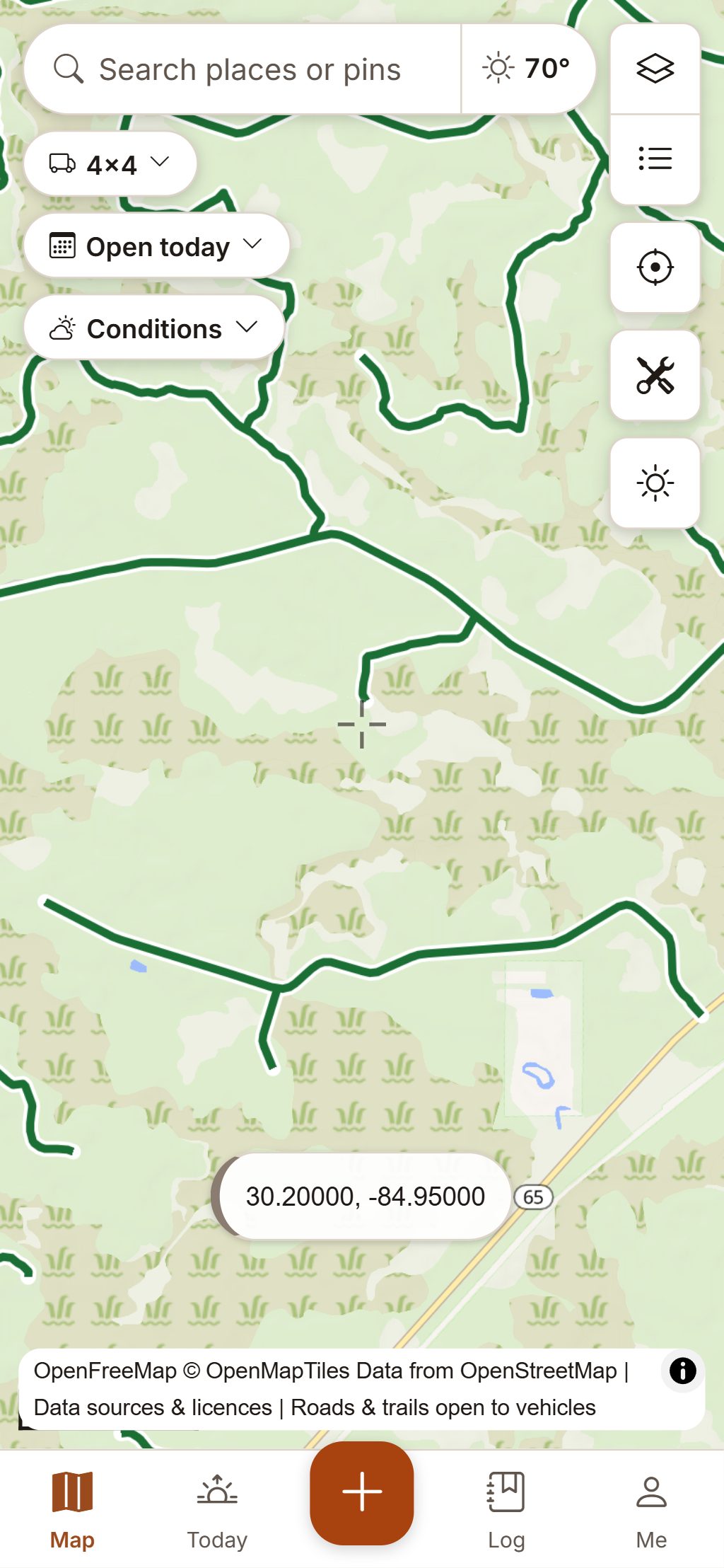 HuntGrid Offroad on a phone: Forest Service roads in green where they are open to the rider’s 4x4.