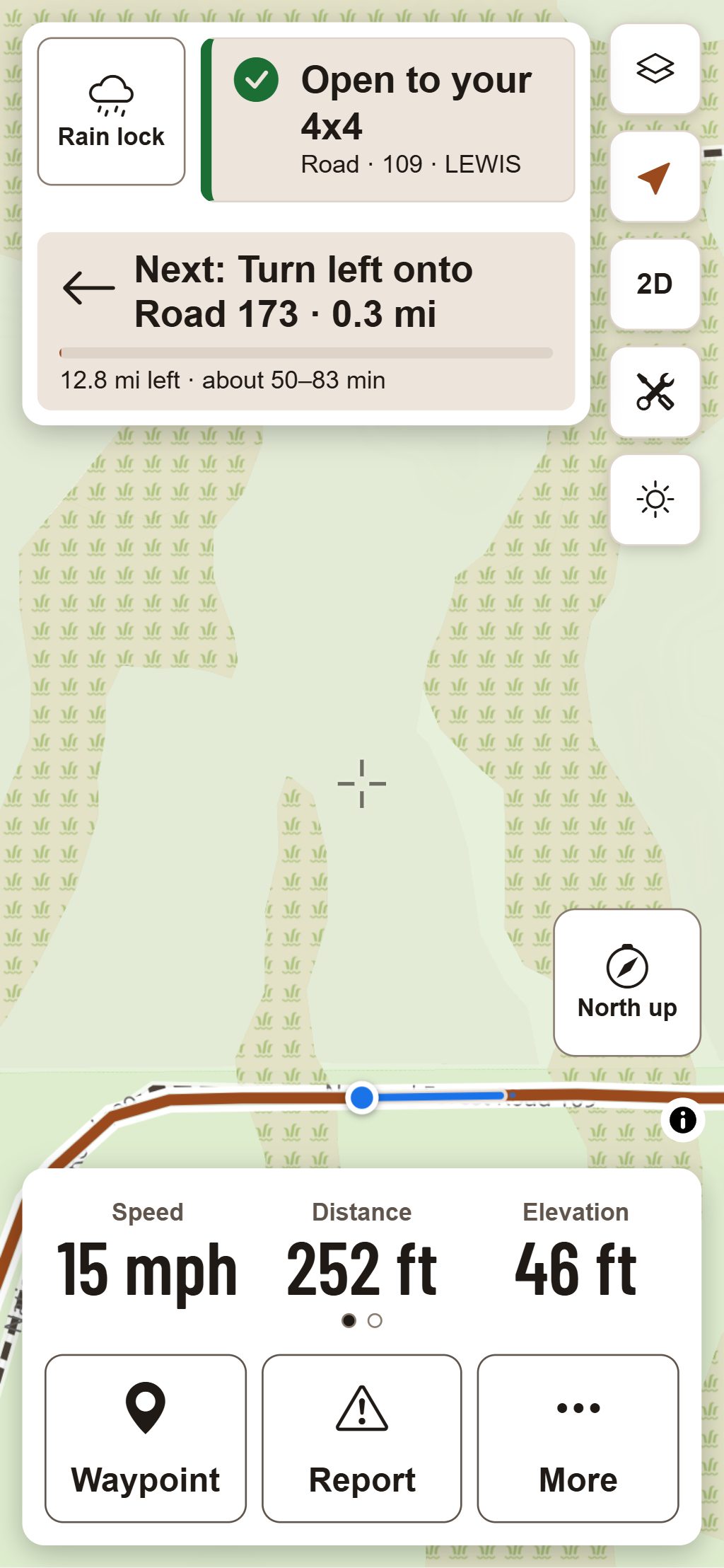 Ride Mode on a phone following that loop at 15 mph: open to your 4x4 on Road 109, next turn left onto Road 173 in 0.3 mi, 12.8 mi left, about 50 to 83 minutes.