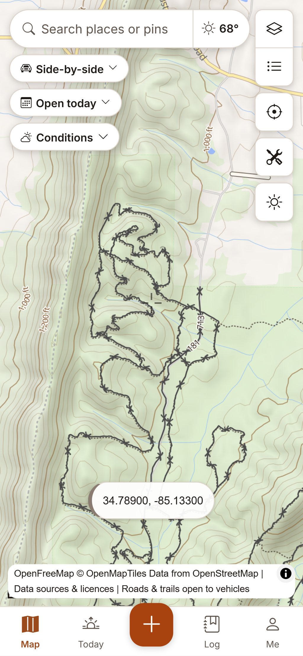 HuntGrid Offroad on a phone: the trails a 48-inch ATV may use are closed to the rider’s 64-inch side-by-side.