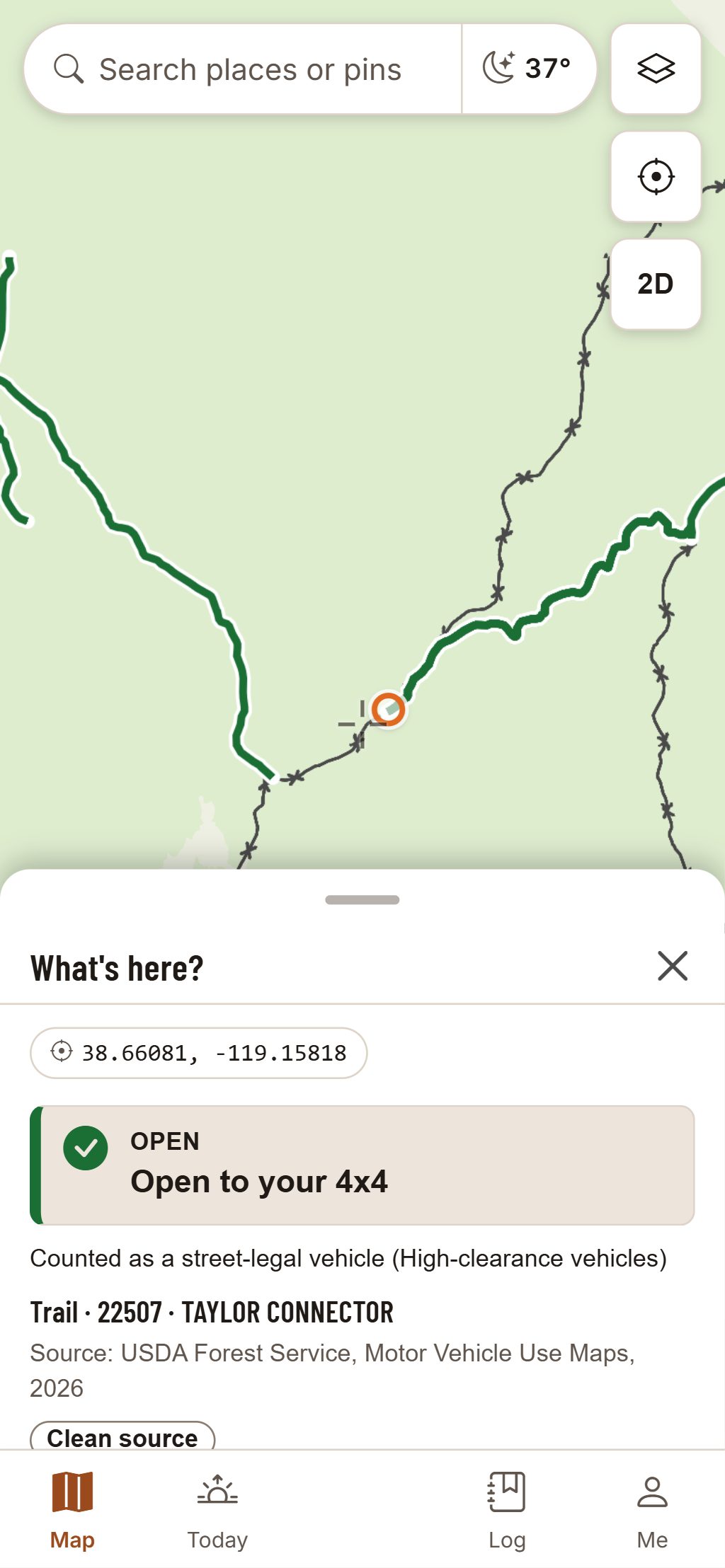 HuntGrid Offroad on a phone: the same place, Taylor Connector tapped, and the card at the bottom reading “Open to your 4x4” with its Motor Vehicle Use Map source.